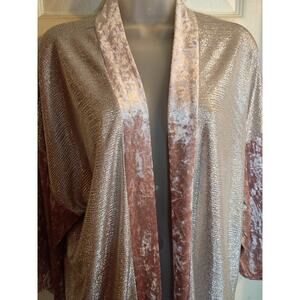 Libby Story Open Cardigan Silver Sequin Pink Velvet Trim Sz L Holiday Boho